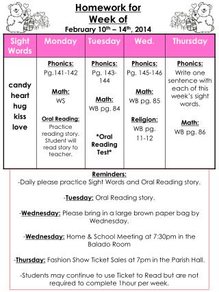 Homework for Week of February 10 th – 14 th , 2014