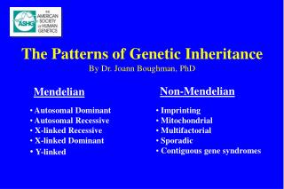The Patterns of Genetic Inheritance By Dr. Joann Boughman, PhD