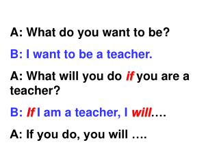 A: What do you want to be? B: I want to be a teacher. A: What will you do if you are a teacher?