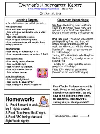 Learning Targets : At the end of the week your child will be able to… Writing Workshop: