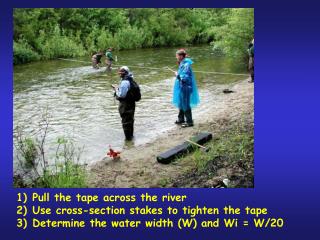 Pull the tape across the river Use cross-section stakes to tighten the tape