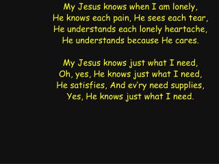 My Jesus knows when I am lonely, He knows each pain, He sees each tear,