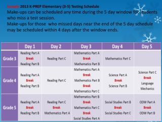 Sample 2013 K-PREP Elementary (3-5) Testing Schedule