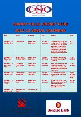 SURREY HILLS CRICKET CLUB 2011-12 SOCIAL CALENDAR