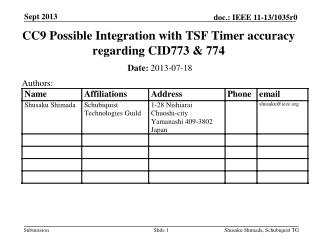 CC9 Possible Integration with TSF Timer accuracy regarding CID 773 &amp; 774