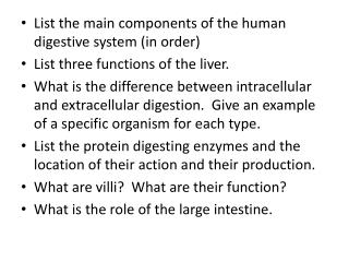 List the main components of the human digestive system (in order)