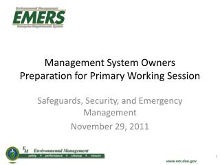 Management System Owners Preparation for Primary Working Session
