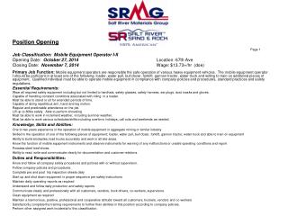 Position Opening Page 1 Job Classification: Mobile Equipment Operator I-II