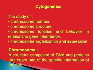 Cytogenetics The study of : chromosome number, chromosome structure,