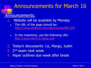 Announcements for March 16
