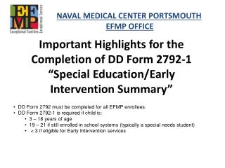 Important Highlights for the Completion of DD Form 2792-1 “Special Education/Early