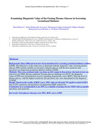 Iranian Journal of Diabetes and Lipid Disorders; 2011; Vol 10, pp 1- 5