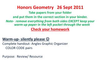 Honors Geometry 26 Sept 2011