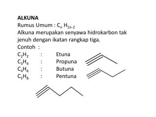 ALKUNA	 Rumus Umum : C n H 2n-2 Alkuna merupakan senyawa hidrokarbon tak