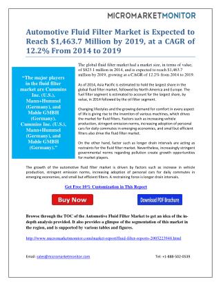 Automotive Fluid Filter Market is Expected to Reach $1,463.7 Million by 2019, at a CAGR of 12.2% From 2014 to 2019