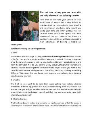Find out how to keep your car clean with the help of Mobile Car Valeting London