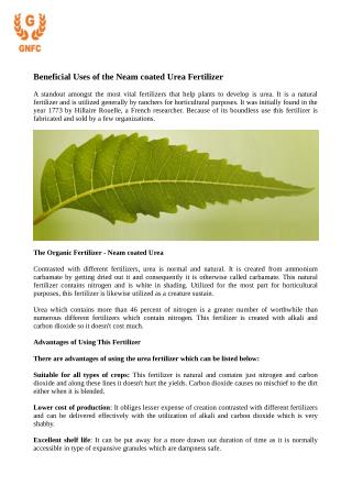 Beneficial Uses of the Neam coated Urea Fertilizer