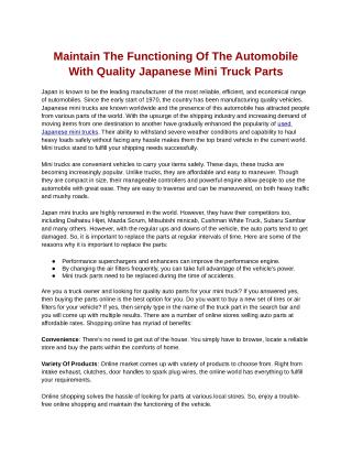 Maintain The Functioning Of The Automobile With Quality Japanese Mini Truck Parts