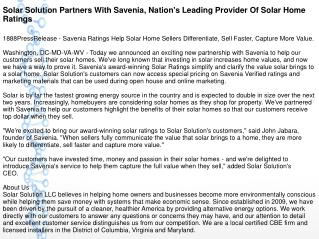 Solar Solution Partners With Savenia, Nation's Leading Provider Of Solar Home Ratings