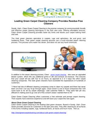 Leading Green Carpet Cleaning Company Provides Residue-Free Cleaners