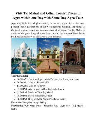 Visit Taj Mahal and Other Tourist Places in Agra within one Day with Same Day Agra Tour