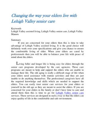 Changing the way your elders live with Lehigh Valley senior care