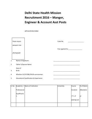 Delhi State Health Mission Recruitment 2016 – Manger, Engineer & Account Asst Posts