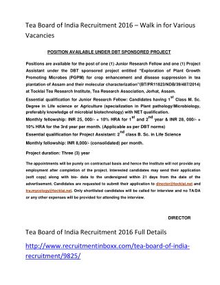 Tea Board of India Recruitment 2016 – Walk in for Various Vacancies
