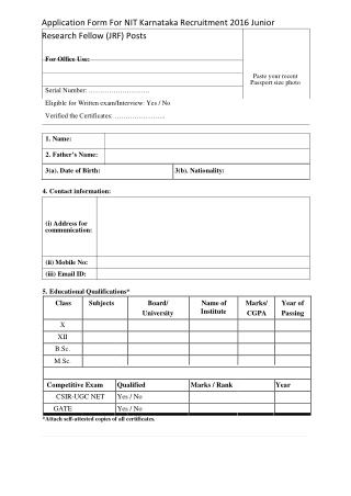Application Form for NIT Karnataka Recruitment 2016 Junior Research Fellow (JRF) Posts