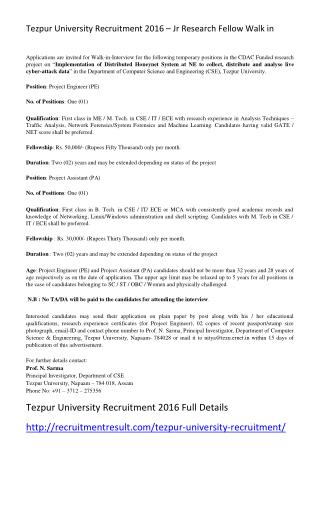 Tezpur University Recruitment 2016 – Jr Research Fellow Walk In