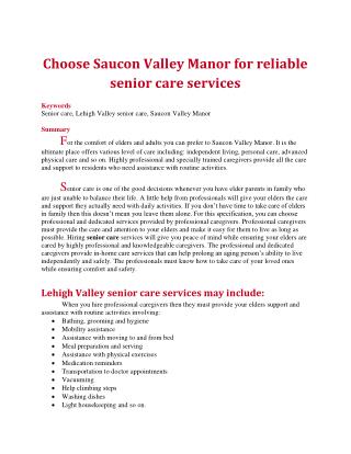 Choose Saucon Valley Manor for reliable senior care services