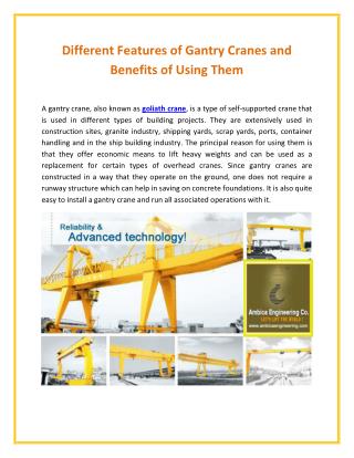 Different Features of Goliath Crane and Advantages of Using Them