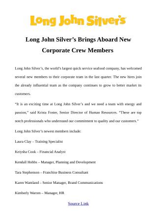 Long John Silver’s Brings Aboard New Corporate Crew Members