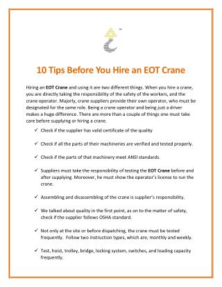10 Tips Before You Hire an EOT Crane