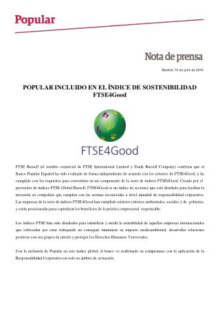 Popular incluído en el índice de sostenibilidad de FTSE4Good