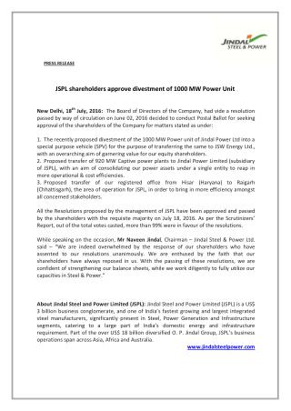 JSPL shareholders approve divestment of 1000 MW Power Unit