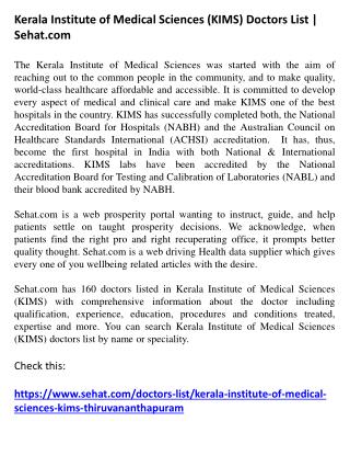 Kerala Institute of Medical Sciences (KIMS) Doctors List | Sehat