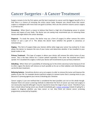 Cancer Surgeries - A Cancer Treatment