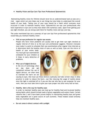 Healthy Vision and Eye Care Tips from Professional Optometrists