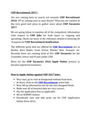 CISF Recruitment 2017, Latest CISF Jobs Notification