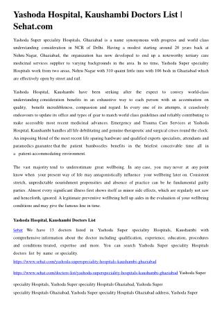 Yashoda Hospital, Kaushambi Doctors List | Sehat.com