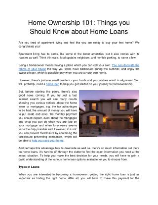 Home Ownership 101: Things you Should Know about Home Loans