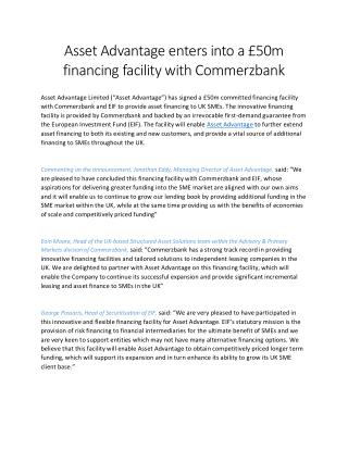 Asset Advantage enters into a £50m financing facility with Commerzbank