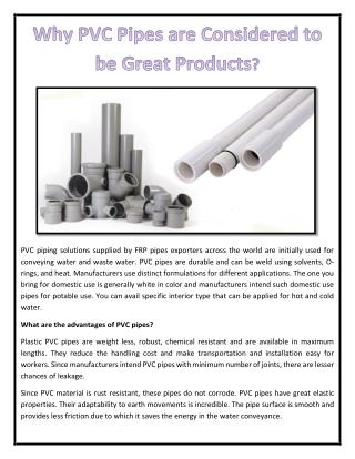 Why PVC Pipes are Considered to be Great Products?