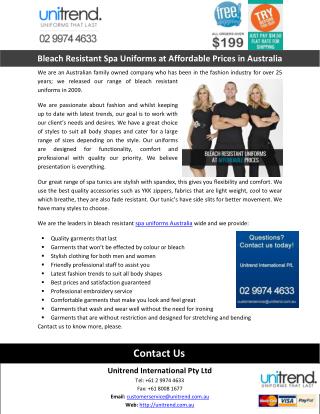 Bleach Resistant Spa Uniforms at Affordable Prices in Australia