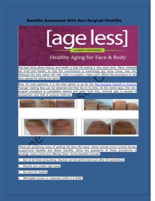 Age Less Laser Centres- Benefits Associated With Non-Surgical Facelifts