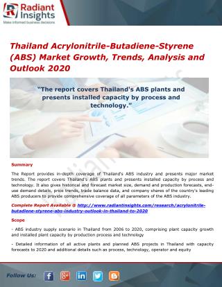 Thailand Acrylonitrile-Butadiene-Styrene (ABS) Market Analysis, Growth, Industry Outlook and Overview 2020 by Radiant In