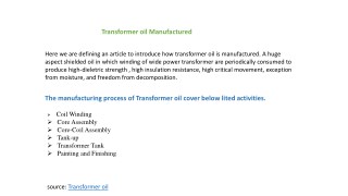Transformer oil manufacturer in Indiia