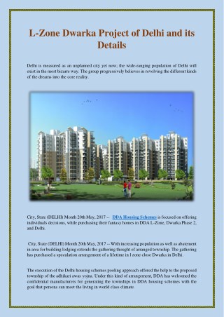 L-Zone Dwarka Project of Delhi and its Details