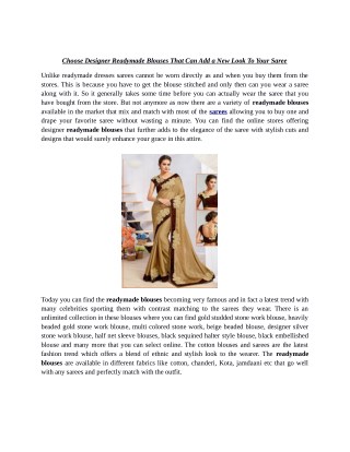 Choose Designer Readymade Blouses That Can Add a New Look To Your Saree